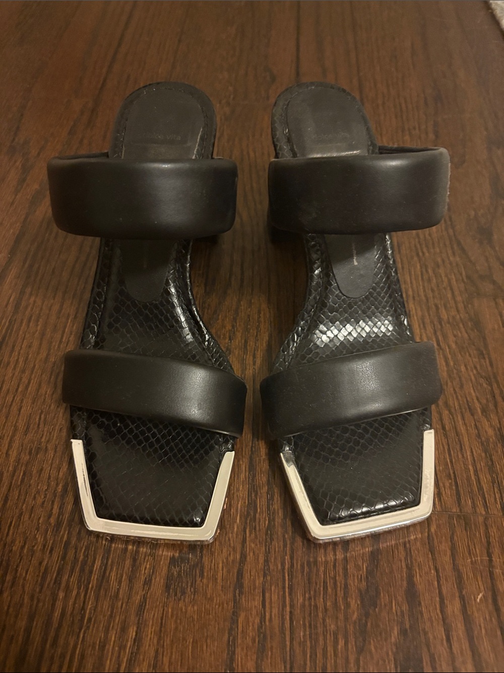 Dolce Vita Black Double-Strap Slide Sandals with Silver Toe Trim